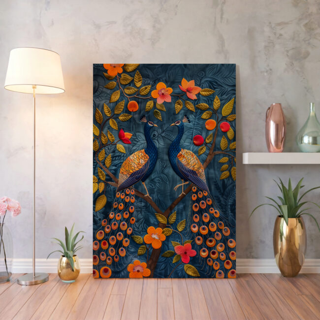 Blue & Orange Peacocks on Blossom Mango Tree Canvas Print, Stunning Indian Folk, Madhubani & Pichwai Style Art Wall Decor, Perfect Wedding Gift
