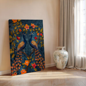 Blue & Orange Peacocks on Blossom Mango Tree Canvas Print, Stunning Indian Folk, Madhubani & Pichwai Style Art Wall Decor, Perfect Wedding Gift - photo #4