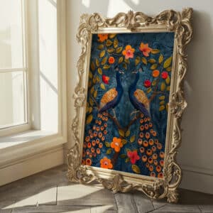 Blue & Orange Peacocks on Blossom Mango Tree Print, Stunning Indian Folk Art Poster Home Gifts, Colorful Madhubani & Pichwai Art Decor - photo #4