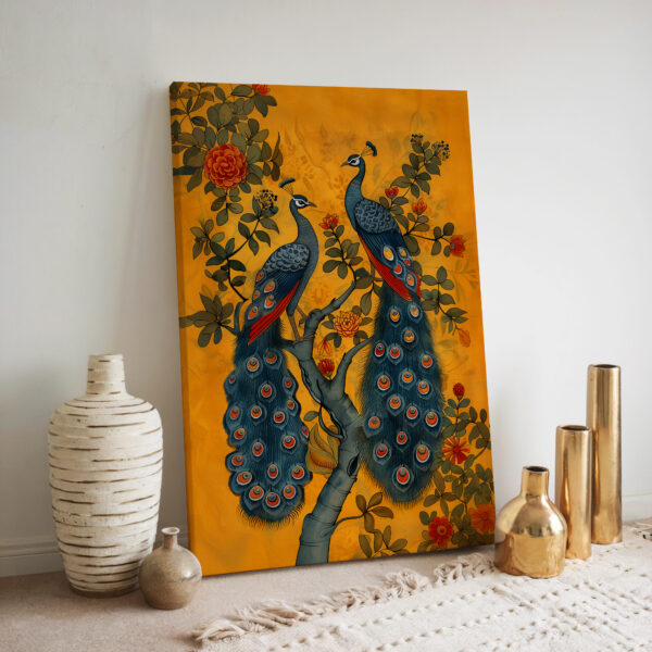 Peacocks on Tree with Flowers Wall Art, Orange Madhubani and Mughal Motif Style Canvas Print for Bold Wall Decor, Perfect Wedding Gift for Art Lovers