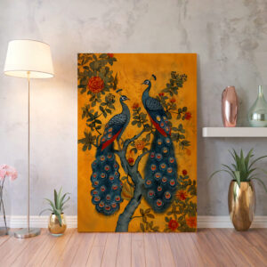 Peacocks on Tree with Flowers Wall Art, Orange Madhubani and Mughal Motif Style Canvas Print for Bold Wall Decor, Perfect Wedding Gift for Art Lovers - photo #3