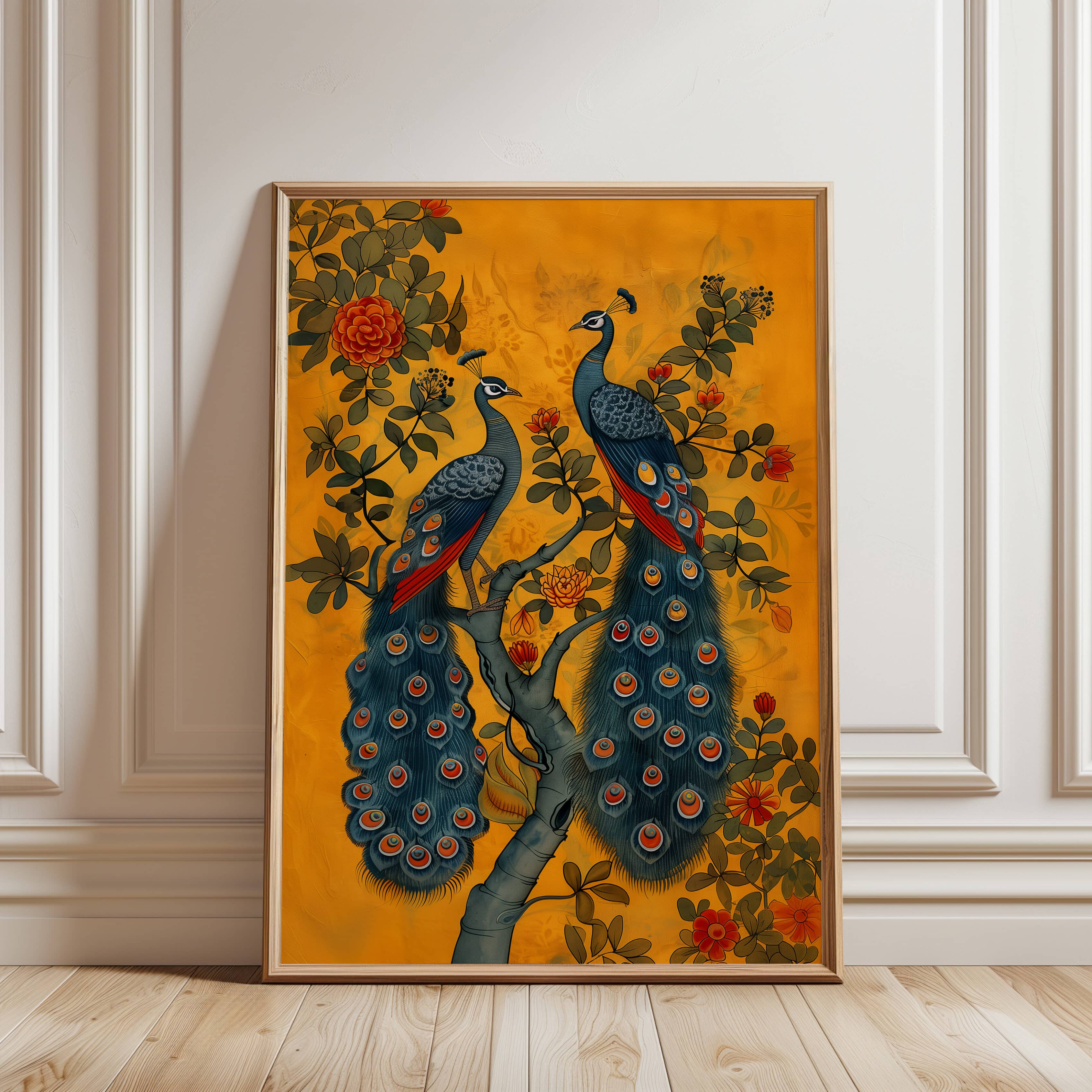 Peacocks on Tree with Flowers Artwork, Stunning Orange Indian Art Wall Decor for Gallery Spaces, Colorful Madhubani & Mughal Motif Wall Decor