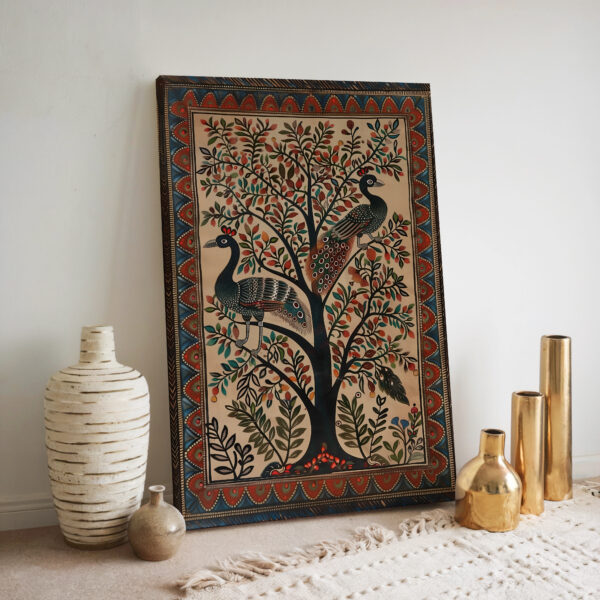 Beige & Black Indian Peacocks on Tree Print on Canvas, Stunning Indian and Madhubani Style Artwork, Perfect Gift for Home Decor