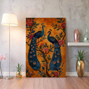 Peacocks on Floral Tree Indian Style Artwork Wall Art, Colorful Mughal Motif and Folk Art Canvas Print for Living Room Decor, Ideal Wedding Gift - photo #2