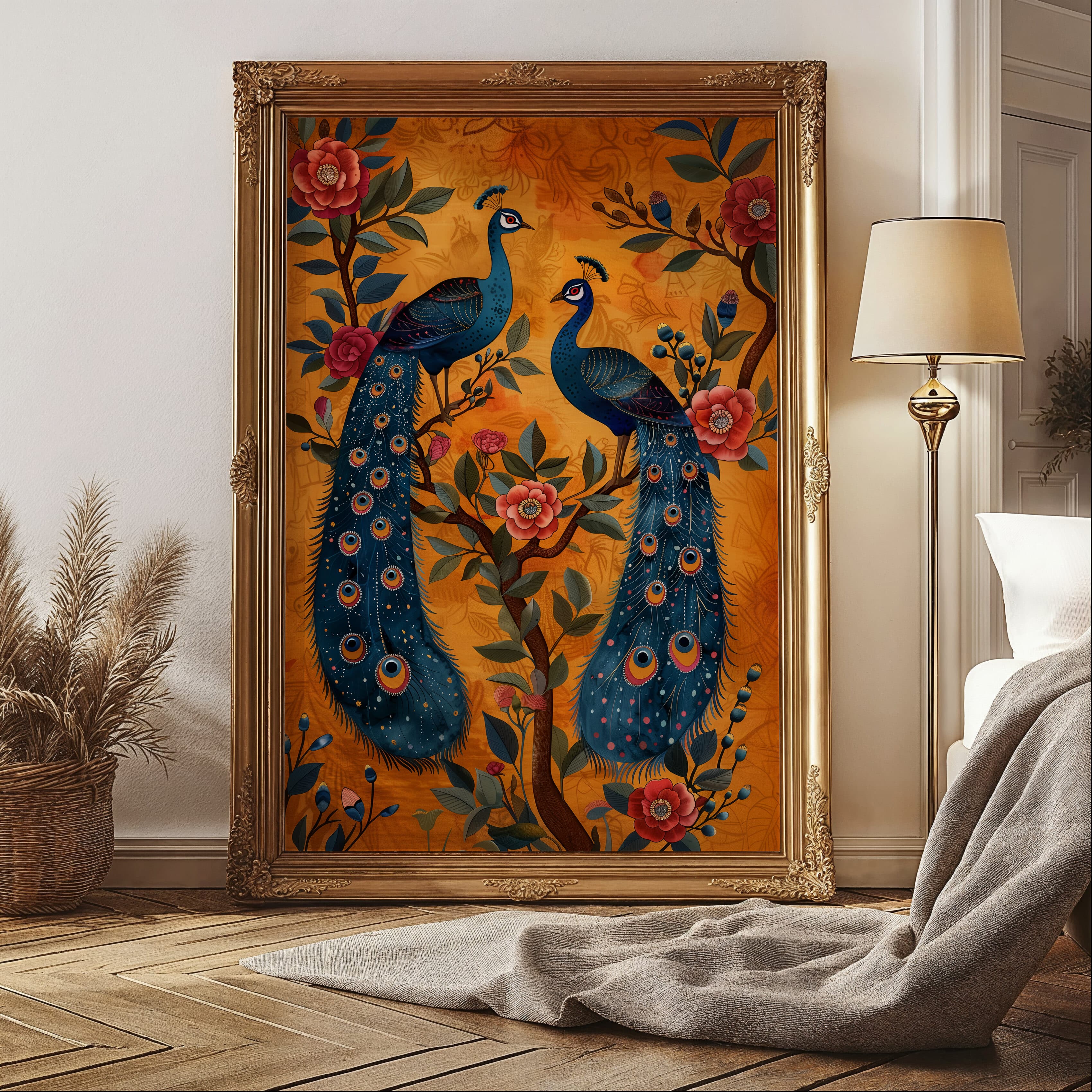 Peacocks on Floral Tree Indian Style Print, Large Contemporary Mughal Motif Artwork for Office Decor, Artistic and Wedding Gift Idea