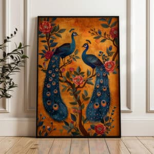 Peacocks on Floral Tree Indian Style Print, Large Contemporary Mughal Motif Artwork for Office Decor, Artistic and Wedding Gift Idea - photo #1