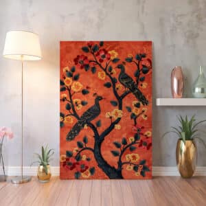 Red Two Peacocks On Tree with Flowers Canvas, Vibrant Mughal & Madhubani Art Style Artwork, Ideal Print Wall Decor for Housewarming Gift - photo #3