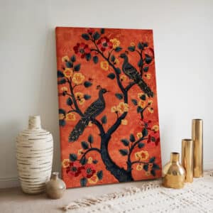 Red Two Peacocks On Tree with Flowers Canvas, Vibrant Mughal & Madhubani Art Style Artwork, Ideal Print Wall Decor for Housewarming Gift - photo #2