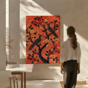 Red Two Peacocks On Tree with Flowers Canvas, Vibrant Mughal & Madhubani Art Style Artwork, Ideal Print Wall Decor for Housewarming Gift - photo #6