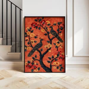 Two Peacocks On Tree with Flowers Artwork, Vibrant Indian Folk Art Print for Gallery Wall, Stunning Mughal Motif Style Decor, Perfect Wedding Gift