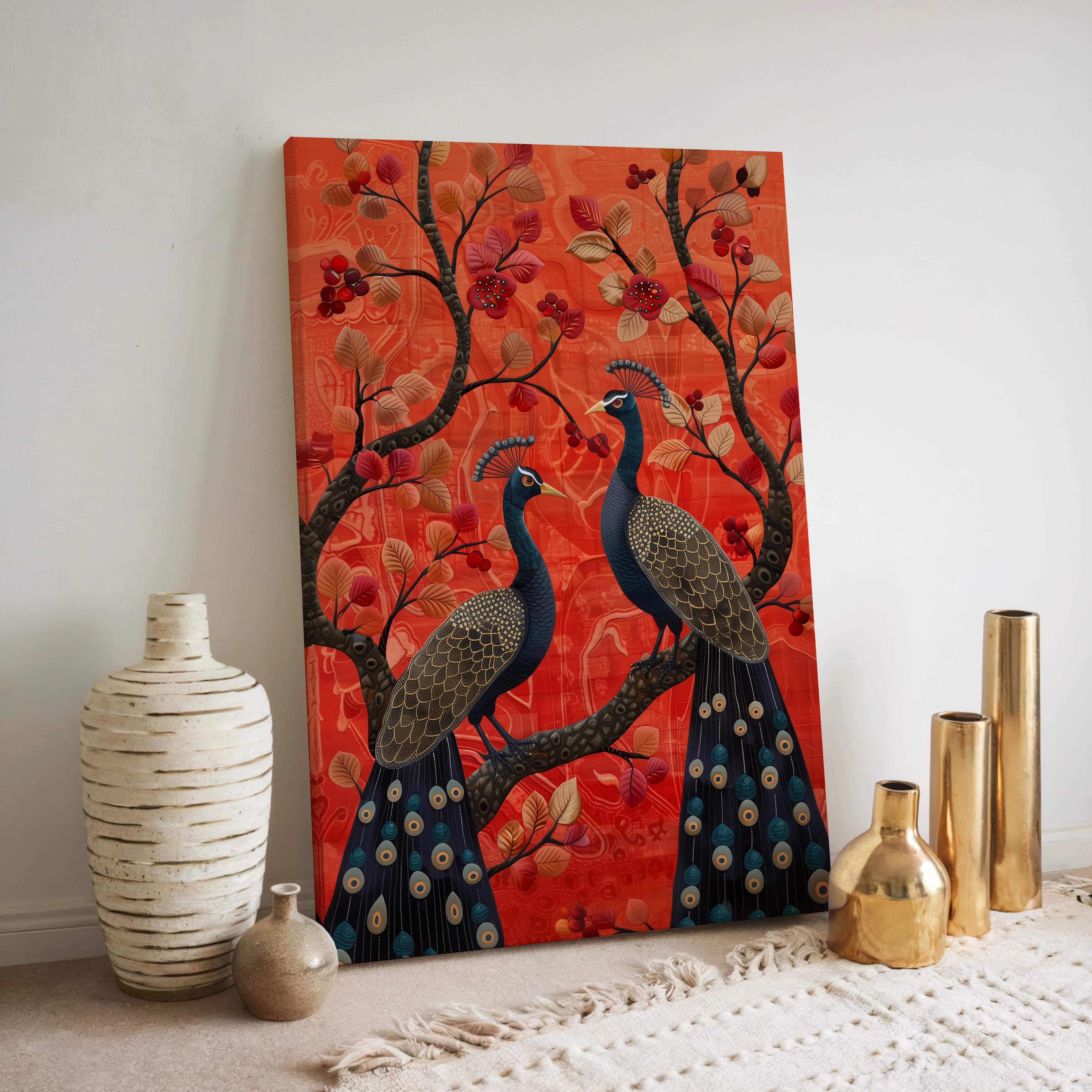 Colorful Red Indian Folk Art Style Print on Canvas, Pair of Peacocks on Floral Branch Wall Art for Living Room Decor, Perfect Housewarming Gift