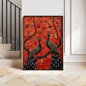 Pair of Peacocks on Floral Branch Artwork Inspired by Indian Folk Art, Vibrant Mughal Motif Art Style Print for Colorful Wall decor, Housewarming Gift - photo #6