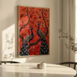 Pair of Peacocks on Floral Branch Artwork Inspired by Indian Folk Art, Vibrant Mughal Motif Art Style Print for Colorful Wall decor, Housewarming Gift - photo #1