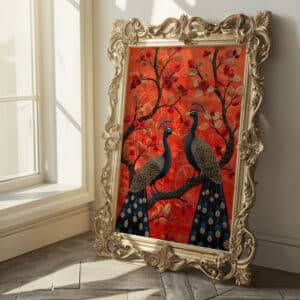 Pair of Peacocks on Floral Branch Artwork Inspired by Indian Folk Art, Vibrant Mughal Motif Art Style Print for Colorful Wall decor, Housewarming Gift - photo #4