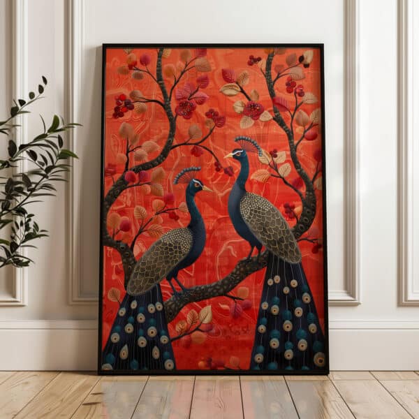 Pair of Peacocks on Floral Branch Artwork Inspired by Indian Folk Art, Vibrant Mughal Motif Art Style Print for Colorful Wall decor, Housewarming Gift