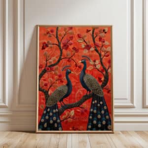 Pair of Peacocks on Floral Branch Artwork Inspired by Indian Folk Art, Vibrant Mughal Motif Art Style Print for Colorful Wall decor, Housewarming Gift - photo #3