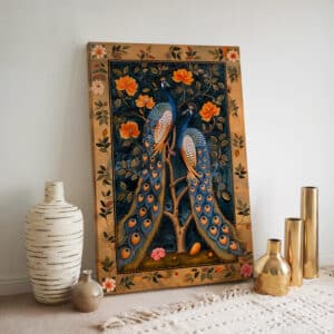 Gold & Blue Peacocks and Orange Flowers Artwork, Indian Folk Art Canvas Print for Living Room Decor, Madhubani Style Decor & Housewarming Gift - photo #1