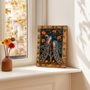 Gold & Blue Peacocks and Orange Flowers Artwork, Indian Folk Art Canvas Print for Living Room Decor, Madhubani Style Decor & Housewarming Gift - photo #6