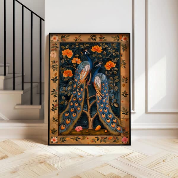 Peacocks and Orange Flowers Print, Elegant Indian Folk Art for Home Décor, Ideal Housewarming and Wedding Gift or Gallery Wall Art