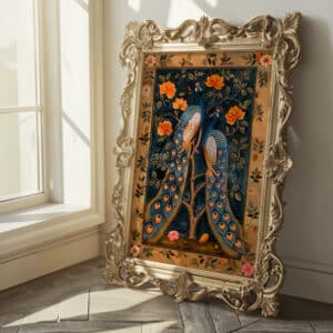 Peacocks and Orange Flowers Print, Elegant Indian Folk Art for Home Décor, Ideal Housewarming and Wedding Gift or Gallery Wall Art - photo #4