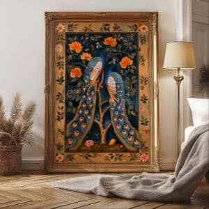 Peacocks and Orange Flowers Print, Elegant Indian Folk Art for Home Décor, Ideal Housewarming and Wedding Gift or Gallery Wall Art - photo #1