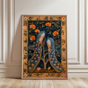 Peacocks and Orange Flowers Print, Elegant Indian Folk Art for Home Décor, Ideal Housewarming and Wedding Gift or Gallery Wall Art - photo #3