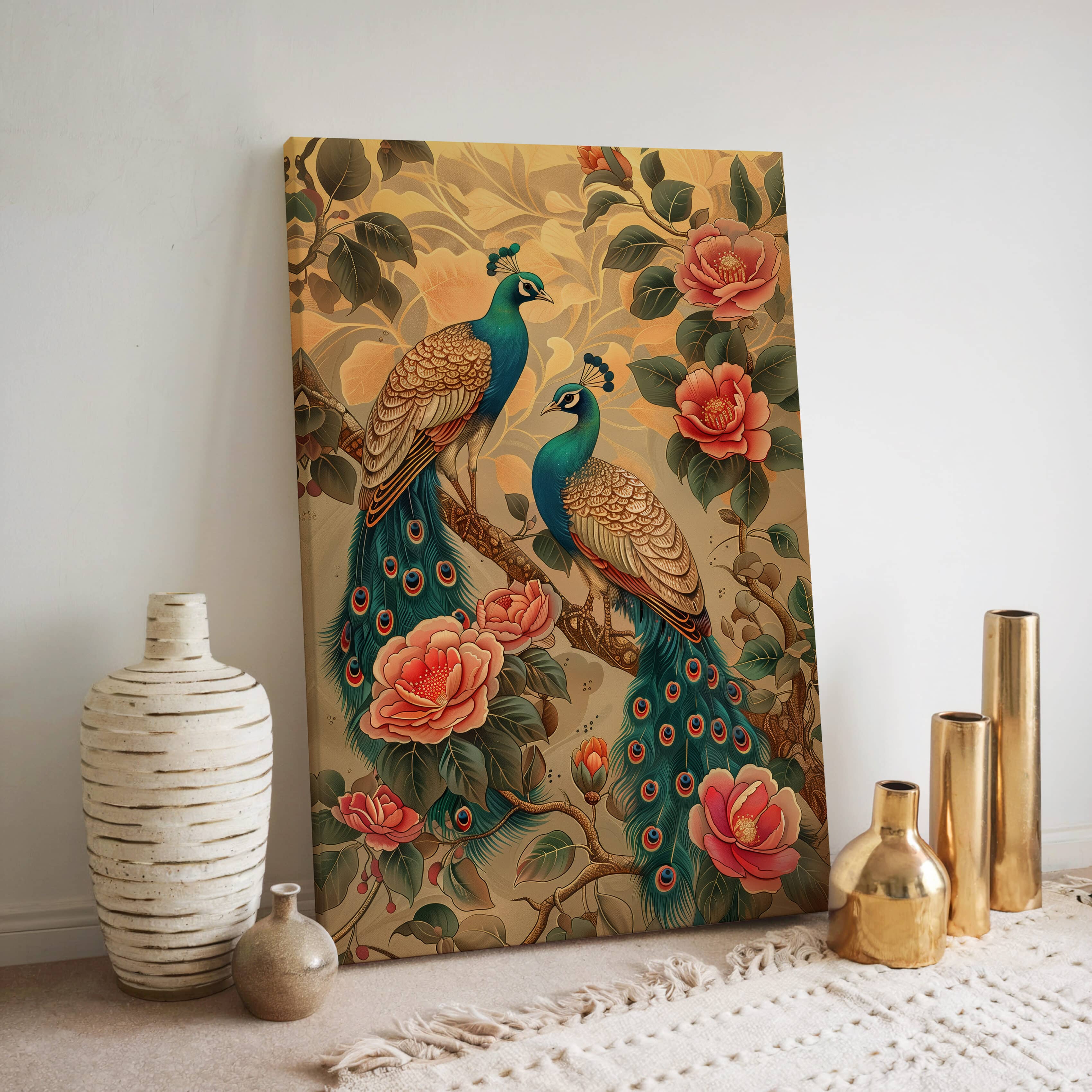 Gold Accent Indian Folk Style Wall Art, Peacocks & Camellias Canvas Print, Cultural Home Decor, Stunning Housewarming or Wedding Gift