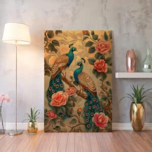 Gold Accent Indian Folk Style Wall Art, Peacocks & Camellias Canvas Print, Cultural Home Decor, Stunning Housewarming or Wedding Gift - photo #3