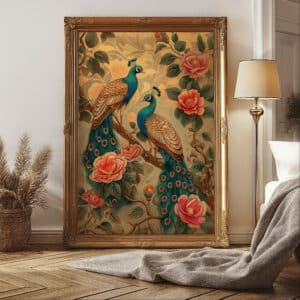 Peacocks & Camellias Print, Stunning Indian Artwork for Art Deco Living Room, Colorful Folk Art for Gallery Wall Decor, Unique Gift for Art Lovers - photo #1