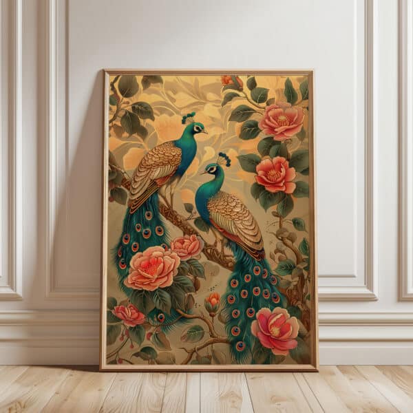 Peacocks & Camellias Print, Stunning Indian Artwork for Art Deco Living Room, Colorful Folk Art for Gallery Wall Decor, Unique Gift for Art Lovers