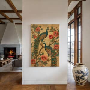 Pair of Peacocks on Flowering Tree Wall Art, Gold Accent Canvas Inspired by Indian Folk Art for Brightening Your Art Deco Space, Ideal Wedding Gift - photo #2