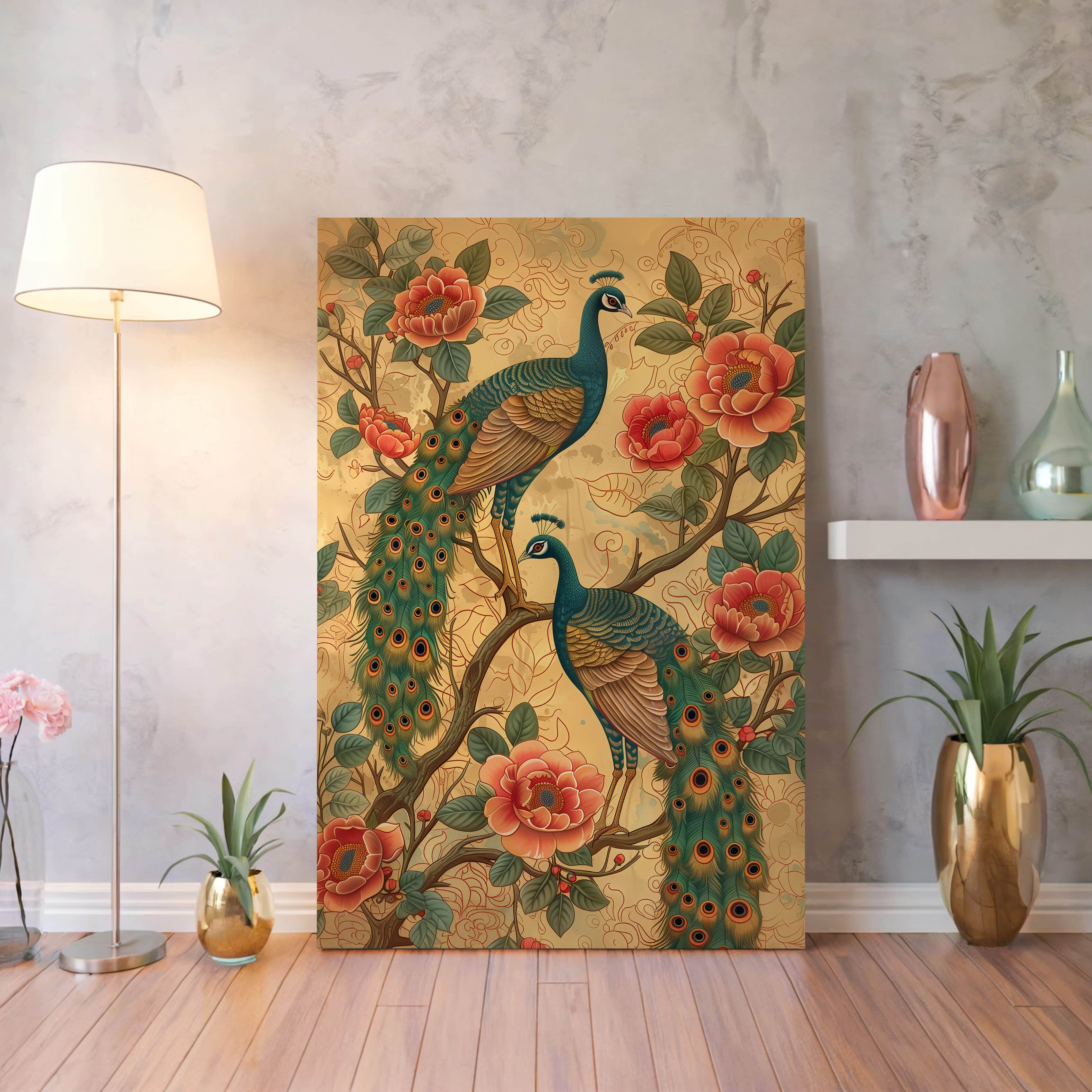 Pair of Peacocks on Flowering Tree Wall Art, Gold Accent Canvas Inspired by Indian Folk Art for Brightening Your Art Deco Space, Ideal Wedding Gift