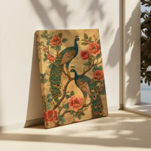 Pair of Peacocks on Flowering Tree Wall Art, Gold Accent Canvas Inspired by Indian Folk Art for Brightening Your Art Deco Space, Ideal Wedding Gift - photo #5