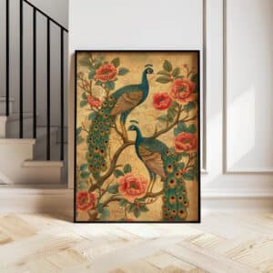 Pair of Peacocks on Flowering Tree Artwork, Colorful Indian Folk art Print to Brighten Your Art Deco Home Decor, Ideal Housewarming and Wedding Gift - photo #7