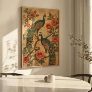 Pair of Peacocks on Flowering Tree Artwork, Colorful Indian Folk art Print to Brighten Your Art Deco Home Decor, Ideal Housewarming and Wedding Gift - photo #1