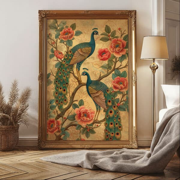 Pair of Peacocks on Flowering Tree Artwork, Colorful Indian Folk art Print to Brighten Your Art Deco Home Decor, Ideal Housewarming and Wedding Gift