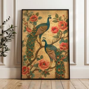 Pair of Peacocks on Flowering Tree Artwork, Colorful Indian Folk art Print to Brighten Your Art Deco Home Decor, Ideal Housewarming and Wedding Gift - photo #3