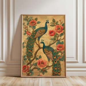 Pair of Peacocks on Flowering Tree Artwork, Colorful Indian Folk art Print to Brighten Your Art Deco Home Decor, Ideal Housewarming and Wedding Gift - photo #2