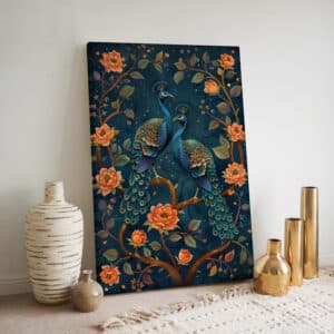 Peacocks on Blossom Branch Canvas, Colorful Print Artwork Inspired by Indian Art for Vibrant Contemporary Home Décor, Special Wedding Gift Idea - photo #1