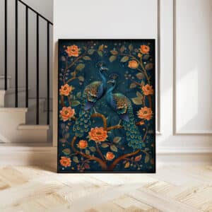 Peacocks on Blossom Branch Print, Stunning Large Wall Art in Indian Folk Art Style for Contemporary and Art Deco Spaces, Great for Gifting - photo #4