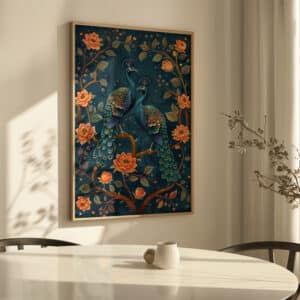 Peacocks on Blossom Branch Print, Stunning Large Wall Art in Indian Folk Art Style for Contemporary and Art Deco Spaces, Great for Gifting - photo #3