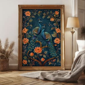 Peacocks on Blossom Branch Print, Stunning Large Wall Art in Indian Folk Art Style for Contemporary and Art Deco Spaces, Great for Gifting - photo #1