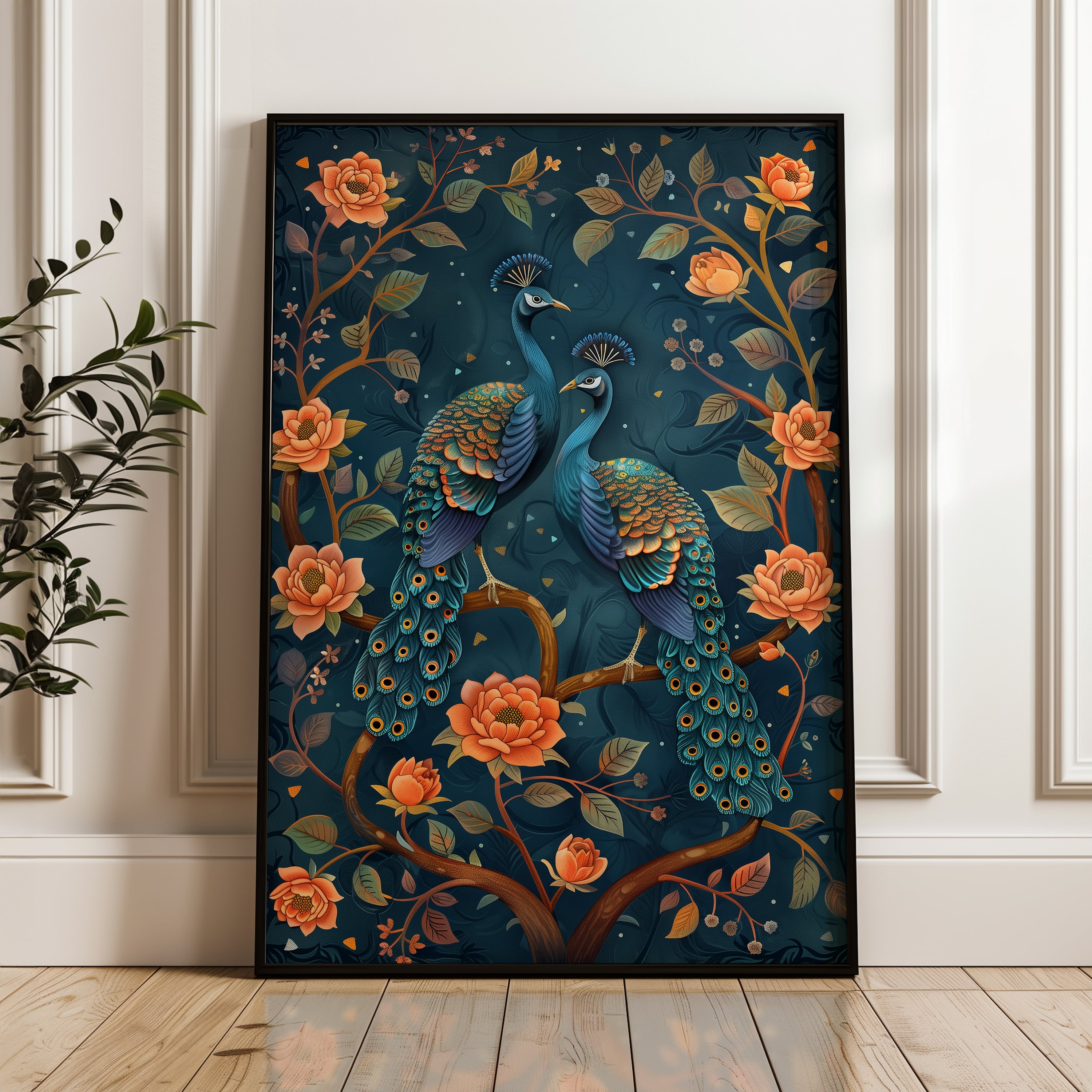 Peacocks on Blossom Branch Print, Stunning Large Wall Art in Indian Folk Art Style for Contemporary and Art Deco Spaces, Great for Gifting