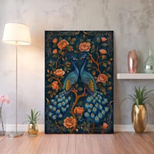 Peacock Couple and Branches with Flowers Canvas, Colorful Indian Folk Art Style Print for Contemporary Living Room Decor, Unique Housewarming Gift - photo #1