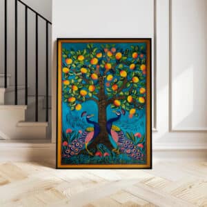 Two Peacocks under Mango Tree Print Artwork, Vibrant Pichwai Style Wall Art for Indian Home Decor, Colorful Piece Perfect for Housewarming Gift - photo #2