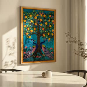 Two Peacocks under Mango Tree Print Artwork, Vibrant Pichwai Style Wall Art for Indian Home Decor, Colorful Piece Perfect for Housewarming Gift - photo #1