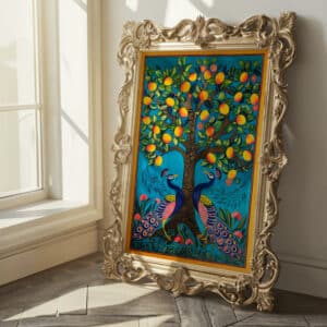 Two Peacocks under Mango Tree Print Artwork, Vibrant Pichwai Style Wall Art for Indian Home Decor, Colorful Piece Perfect for Housewarming Gift - photo #5