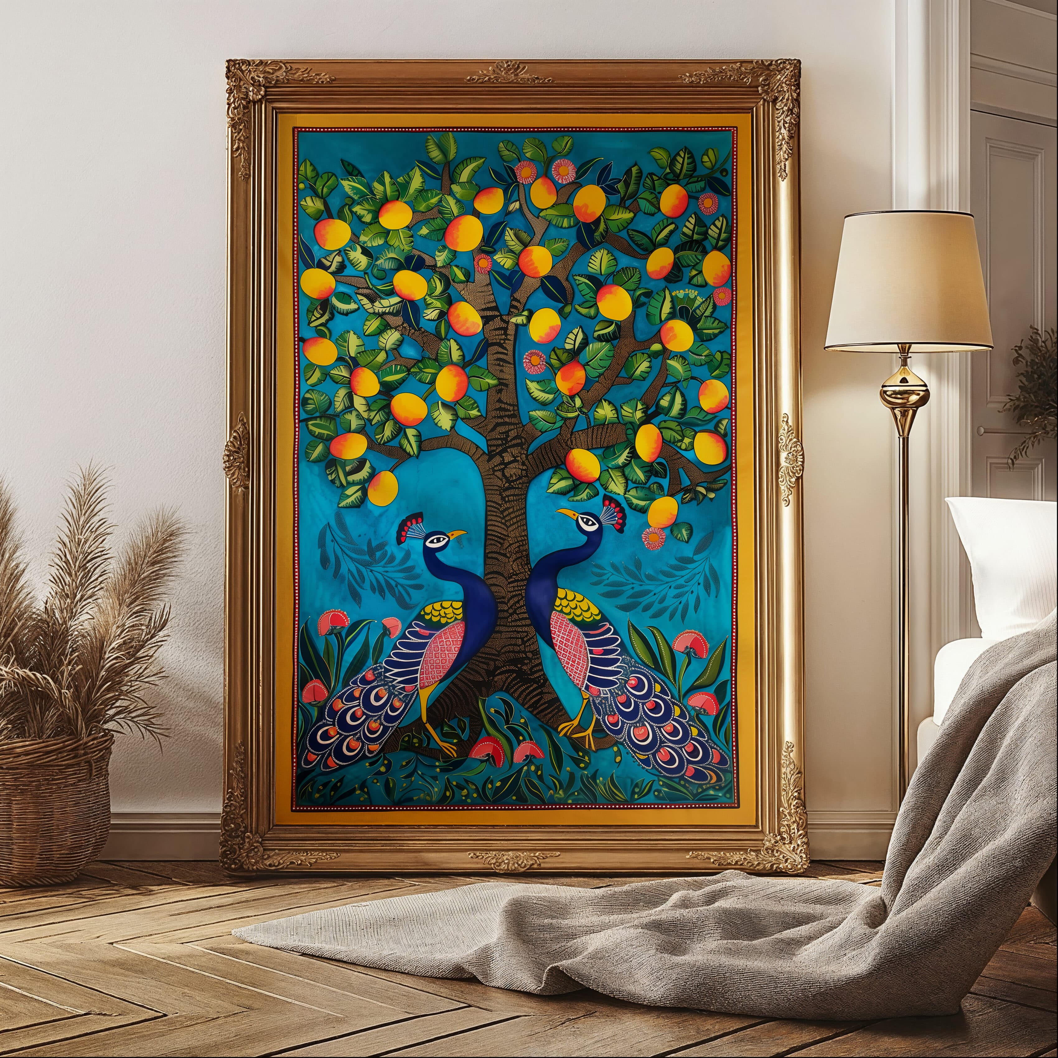 Two Peacocks under Mango Tree Print Artwork, Vibrant Pichwai Style Wall Art for Indian Home Decor, Colorful Piece Perfect for Housewarming Gift