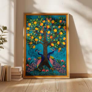 Two Peacocks under Mango Tree Print Artwork, Vibrant Pichwai Style Wall Art for Indian Home Decor, Colorful Piece Perfect for Housewarming Gift - photo #8