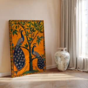 Indian Style Peacocks & Mango Tree Canvas Print, Unique Madhubani Inspired Art, Contemporary Artwork for Wall Decor, Ideal Housewarming Gift - photo #6